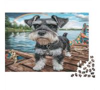 Cute Pet Dog Paperboard Schnauzer on Dock by Lake with Rainbow Classic Jigsaw Puzzle Interactive Boredom Buster 38x26cm/1000pcs