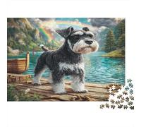 Cute Pet Dog Paperboard Schnauzer on Dock by Lake with Rainbow Classic Jigsaw Puzzle Interactive Boredom Buster 70x50cm/1000pcs