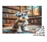 Cute Pet Dog Premium Paper Schnauzer in Old Library with Stained Glass DIY Jigsaw Puzzle Mind Stimulating Stocking Filler 70x50cm/1000pcs