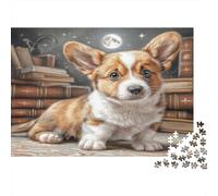 Cute Pet Dog Recycled Paper Corgi Puppy in Old Library with Books Jigsaw Puzzle Interactive Family Activity 52x38cm/1000pcs