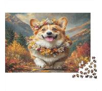Cute Pet Dog Recycled Paper Corgi with Autumn Flower Crown in Autumn Forest Jigsaw Puzzle Challenging 38x26cm/1000pcs