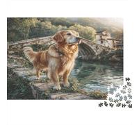 Cute Pet Dog Recycled Paper Golden Retriever by Stone Bridge over Stream Jigsaw Puzzle Challenging 70x50cm/1000pcs