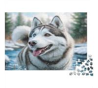 Cute Pet Dog Recycled Paper Husky in Snowy Forest with Stream Jigsaw Puzzle Interactive Family Activity 38x26cm/1000pcs