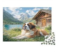Cute Pet Dog Sturdy Paper Saint Bernard by Lake with Mountains And Log Cabin Jigsaw Puzzle Stress Relief Birthday Gift 70x50cm/1000pcs