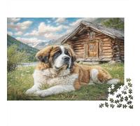 Cute Pet Dog Sturdy Paper Saint Bernard by Log Cabin in Mountains Jigsaw Puzzle for Adults Educational Birthday Gift 52x38cm/1000pcs