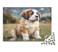 Cute Pet Dog Sturdy Paper Saint Bernard Puppy in Field with Starry Night Sky Jigsaw Puzzle Stress Relief Birthday Gift 52x38cm/1000pcs