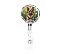 Cute Pet German Shepherd Dog Retractable Badge Reel Holder with Clip and Keychain Name Badge Reel Funny Cute Badge Clips Id Card Badge Holder for Office Worker Doctor Nurse