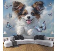 Cute Pet Photo Wallpaper 400 x 280 cm, Non-Woven Premium Papillon Butterfly Print Wall Mural Decoration Poster Picture, Blue Wallpaper for Living Room TV Backdrop Dining Room