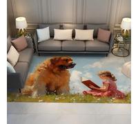 Cute Pets and a Girl Area Rug, 60x90cm Spring Meadow Design Washable