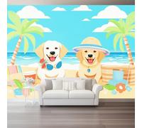 Cute Pets On The Beach Photo Wallpaper Nursery 200 X 140 Cm Yellow Labrador Retriever Palm Tree - Non-Woven Premium Art Print Fleece Wall Mural Decoration Restaurant Hall Living Room Hallway