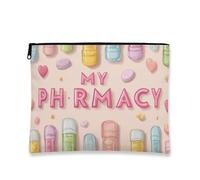 Cute Pharmacy Makeup Bag, Playful Colorful Cosmetic Pouch for Women, Portable Canvas Zipper Organizer, Everyday Skincare Toiletry Bag 7x9 Inch