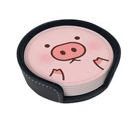 Cute Pig Coasters For Drinks, 6 Pcs Leather Coaster With Holder, Round Cup Mat Pad Set For Home And Kitchen 3.9 Inches