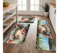 Cute Pig Kitchen Mats for Floor, Floral Farmhouse Soft Mats, Cushioned Comfort Washable Non Slip Decor Rugs for Kitchen Sinks Laundryroom Bathroom 3Pcs