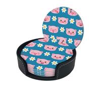Cute Pig Print Round Leather Coasters - Set Of 6, Ultra-Fiber Pu Leather