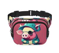Cute Pig Print Square Double Layer bag Waist Bag Trendy Pack Travel Bag with Adjustable Bel, Black, One Size