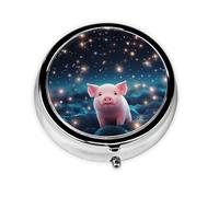 Cute Pig Starry Sky Round Pill Box with 3 Compartments, Mini Metal Pill Organizer for Purse or Pocket, Lightweight Portable for Daily Use Gifts Travel