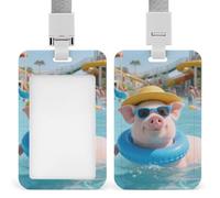 Cute Pig Swimming Badge Holder Vertical ID Badge Holder with Lanyard, Durable ABS Plastic - Waterproof Name Tag for Office, Teacher& Nurses
