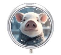 Cute Piggy in The Snow Round Pill Box Travel Portable Pill Case 23 Compartment Medicine Metal Tablet Vitamin Holder Organizer for Purse Pocket