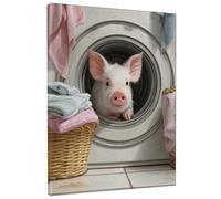 Cute Piglet in Laundry Machine Canvas Wall Art, Peach White Animal Print, Fanciful Home Decor for Living Room, Bedroom, Laundry Room, Wrapped Canvas 8x10 Inch