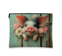 Cute Piglet Makeup Bag, Floral Pig Illustration Travel Cosmetic Pouch for Women, Portable Small Zipper Toiletry Organizer, Perfect for Gift, Spring Festival Accessories, Peach, 7x9 Inch, Piglet
