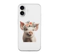 Cute Piglet with A Flower TPU Cell Phone Case Compatible with iPhone 16/16 Plus/16 Pro/16 Pro Max/16 E Soft Protective Shell