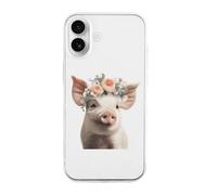 Cute Piglet with A Flower TPU Cell Phone Case Compatible with iPhone 16/16 Plus/16 Pro/16 Pro Max/16 E Soft Protective Shell