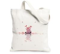 Cute Pigs Canvas Tote Bags, Fanciful Animal Design Lightweight Reusable Grocery Bags, Spring Floral Washable Shoulder Strap, White, 13x15 Inch