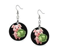 Cute Pigs Holding Cabbage Women's Round Wooden Earring Drop Dangle Earrings Lightweight Pendant Jewelry