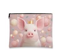 Cute Pigs Makeup Bag, Peach Crowned Pigs Design Cosmetic Travel Pouch for Women, Portable Small Canvas Zipper Organizer, Holiday Skincare Toiletry Bag, Peach, 7x9 Inch, Pigs
