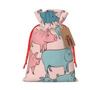 Cute Pigs Pattern Print Christmas Drawstring Gift Bags Holiday Present Sack Xmas Decor Reusable Pouches
