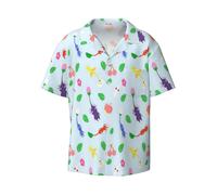 (Cute Pikmin Pattern Blue_6502) Men's Hawaiian Shirts Cuban Collar Vintage Bowling Short Sleeve Button Down Beach Shirt Casual Summer Vacation Wear Retro Tee