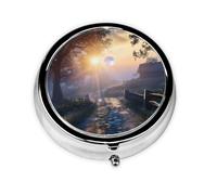 Cute Pill Organizer - AM PM Pill Box, Small & Large Travel Pill Case, Unique Custom Design, Iron Plating, Perfect for Purse and On-The-Go Sunset Moon Path