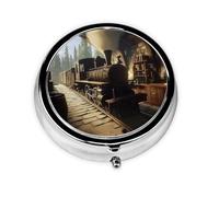 Cute Pill Organizer - Unique Custom Design, Travel-Friendly Medicine Box, 1 Day AM PM Pill Case, Small & Portable Pill Dispenser for Daily Use The Train is Running in a Medieval Tavern