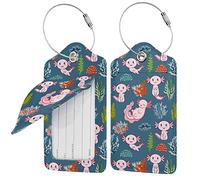 Cute Pink Axolotl 2 Pack Luggage Tag for Suitcase, Leather Name Tag Id Label Luggage Tags with Stainless Steel Loop and Privacy Cover for Women Men Teens Travel