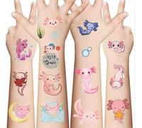 Cute Pink Axolotl Temporary Tattoos (10 Sheets) - Waterproof Cartoon Designs for Kids Party Favours, Birthday Gifts & Dress-Up Events, Adorable Kawaii Style Animal Stickers
