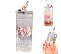 Cute Pink Bow Glass Cups with Lids and Straws, Aesthetic Iced Coffee Cup,Girly Preppy Design Tumbler Mug,400ML/13.5oz Drinking Glasses Gifts for Women Teen Girl Christmas Trendy Stuff (Plastic Lid)