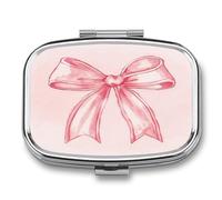 Cute Pink Bow Pill Box 2-Compartment Portable Pill Case Square Metal Medication Organizer Small Weekly Medication Case with Mirror Stylish Vitamin Holder for Purse Pocket Travel