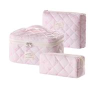Cute Pink Bow Quilted Makeup Bag Set, Large Capacity Travel Makeup Bags for Women and Girls, Includes Small, Medium, and Extra Large aesthetic makeup&Cosmetic Bags