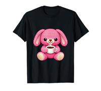 Cute Pink Bunny Drinking Coffee Crochet Style Animal Value Graphic T-Shirt