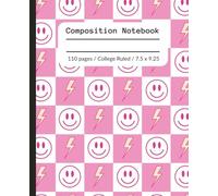 Cute Pink Checkerboard Composition Notebook for Girls | Preppy Lightning Bolt and Smiley Face Design | Trendy School Supplies | Tweens, Teens | 7.5 x 9.25 in, 110 pages