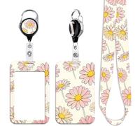 Cute Pink Daisy ID Card Holder Lanyard Flowers Keychain Retractable Badge Reel Clip ID Badge Holder Lanyard for Neck for Keys Name Tag ID Holder for Women Girls Kids Teachers Staff, Office & School