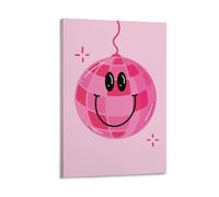 Cute Pink Disco Ball Wall Art with Smiley Face Retro Aesthetic Poster for Teen Room Girl’s Bedroom Or Dorm Decor Fun Party Vibe Print Gift 16x24inch Frame
