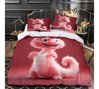 Cute pink dragon 3D Printing Comforter Cover 3pcs Microfibre Fade-Resistant Soft Cartoon fantasy creature Quilt Cover 2 Pillow Shams Zipper Closure Bed Linen Family & Guests Single (135x200cm)