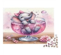 Cute Pink Elephant with Bow And Flowers Jigsaw Puzzles Puzzles for Adults Kids. 1000 Piece Impossible Challenge Toy Educational Game Home Decoration for Educational Games Gifts 38x26cm/1000pcs