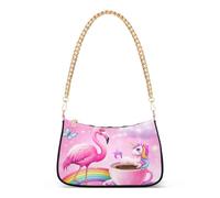 Cute Pink Fantasy Flamingo Unicorn Designer Handbags Womens Ladies Shoulder Bag Floral Retro Formal Purse Hobo Zipper Closure Chain Strap