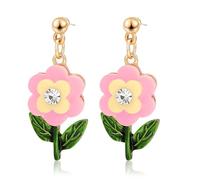 Cute Pink Flower Earrings for Women, Fun Dangle Rhinestone Pink and Yellow Flower Earrings Six Petal with Green Leaf Small Drop Chain Spring Summer Y2K Party Trendy Floral Jewelry Gift for Women