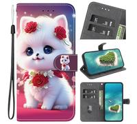 Cute Pink Flower Kitten Phone Case Covers for Motorola Edge 60 Fusion Pu Leather Wallet Case with Kickstand Card Holder ID Slot and Hand Strap Shockproof Full Protective for Motorola Edge 60 Fusion