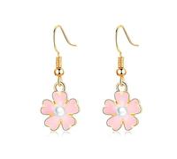 Cute Pink Flower Pearl Small Dangle Drop Earrings for Women Teen Sensitive Ear Boho Tiny Little Charm Hook Dangling Hanging Hypoallergenic Dainty Jewelry Gifts Daughter Her Bff Birthday Xmas Holiday,