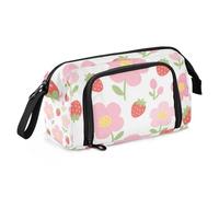 Cute Pink-Flowered Strawberries Pencil Pen Case Large Capacity Make Up Bag Lightweight for Nurse Middle School