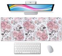 Cute Pink Flowers Desk Pad XL Gaming Mousepad & Laptop Computer Keyboard Mat 31.5''X 11.8'' Cute Desk Decor Accessories